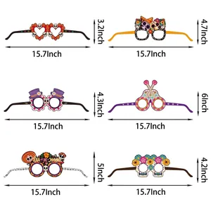 Size chart showing six Day of the Dead themed paper party glasses with precise dimensions