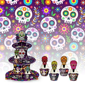 Support à gâteaux à 3 étages Día de Muertos avec décorations de cupcakes tête de mort