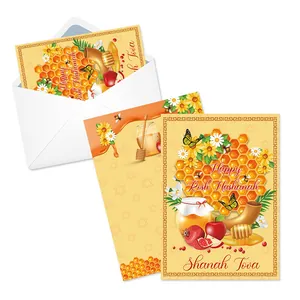 Cartes d'Invitation Nouvel An Juif Rosh Hashanah Enveloppes Motif Pomme Miel Fleur Shanah Tova Cartes de Voeux pour Fête Célébration Fournitures en Papier