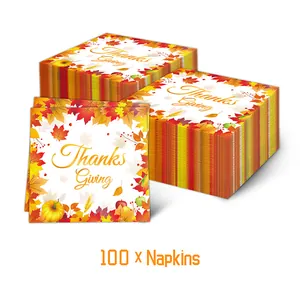 Thanksgiving Disposable Paper Napkins With Maple Leaf Pumpkin Print Autumn Harvest Party Tableware For Holiday Dinner Party