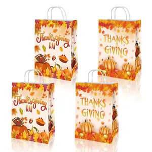 Thanksgiving Kraft Paper Gift Bags With Handles Autumn Harvest Pumpkin Turkey Maple Leaf Design For Holiday Party Treats