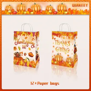Set of 12 Thanksgiving paper gift bags with pumpkin and turkey prints and rope handles