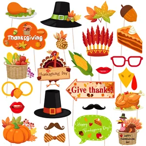 Thanksgiving Photo Booth Props Turkey Pumpkin Maple Leaf Pilgrim Hat Paper Cardboard Selfie Props For Autumn Harvest Party Decoration
