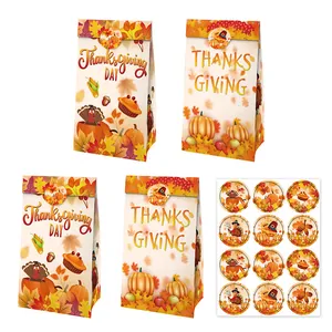 Sacs Cadeaux En Papier Kraft Pour L'action De Grâce Et Autocollants Pliables Avec Motif De Dinde Citrouille Feuille D'érable Emballage Cadeau Pour Décorations De Fête