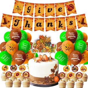 Thanksgiving Party Decoration Set Banner Cake Topper Balloons For Autumn Harvest Turkey Pumpkin Maple Leaf Theme Celebration Supplies