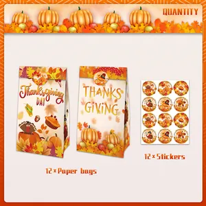 Lot de 12 sacs cadeaux de Thanksgiving en papier avec autocollants motifs citrouille et dinde