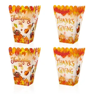 Thanksgiving Day Popcorn Boxes Paper Treat Boxes With Turkey Pumpkin Maple Leaf Patterns Autumn Harvest Party Favors Snack Containers