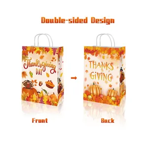 Thanksgiving turkey and pumpkin kraft paper gift bags with handles for holiday party supplies