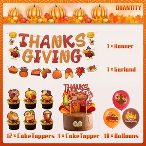 Macro view of Thanksgiving party set with glitter banner, cake toppers and latex balloons