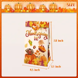 Sac cadeau de Thanksgiving en papier kraft avec motifs de dinde et citrouille, 7x4,5x3,1 po