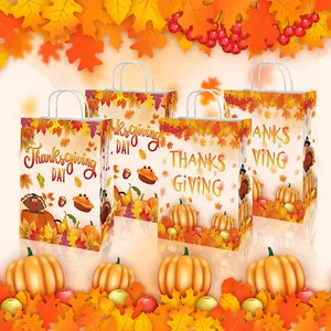 Thanksgiving kraft paper gift bags with turkey and pumpkin patterns for autumn parties