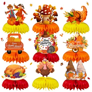 9-piece Thanksgiving honeycomb centerpieces with turkey, gnome, and pumpkin designs