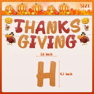 Glittering Thanksgiving banner with gold and red letters and pumpkin turkey decorations