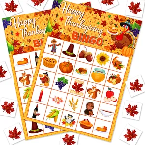 Thanksgiving Bingo Game Cards And Maple Leaf Marking Chips Turkey Pumpkin Patterns For School Family Activity Party Decoration