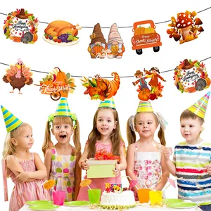 Thanksgiving party banner featuring turkey and pumpkin designs with festive autumn elements