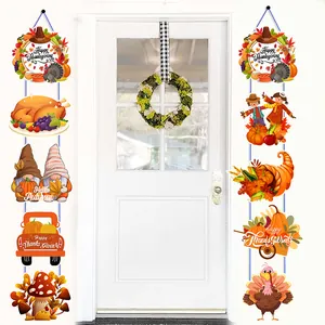 Happy Thanksgiving door banners with turkey, pumpkin, and gnome patterns for autumn decor