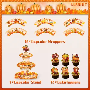Detail view of Thanksgiving cupcake wrappers and 3-tier pumpkin turkey display stand
