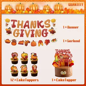 Detailed view of glitter Thanksgiving party set including banner, pumpkin and turkey toppers