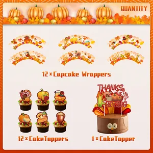 Detail von Thanksgiving Kuchendekoration mit Puten und Kürbis Muffinförmchen