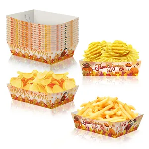 Bandejas de Papel Desechables para Aperitivos de Acción de Gracias de Cartón Blanco en Forma de Barco Cajas de Comida Con Patrón de Calabaza Pavo