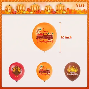 Detailed view of 12-inch Thanksgiving latex balloons with turkey and pumpkin prints