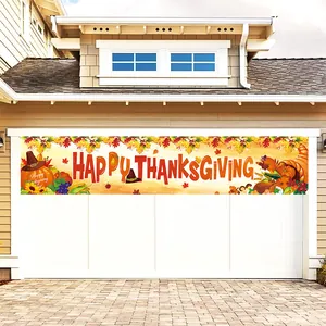 Detailed outdoor view of a Happy Thanksgiving banner with turkeys and pumpkins on a garage