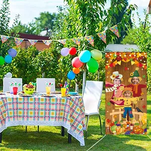 Thanksgiving Fotohintergrund Banner mit Vogelscheuchen und herbstlichen Ernteelementen
