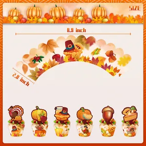 Thanksgiving cupcake toppers and wrappers set featuring turkey and pumpkin designs