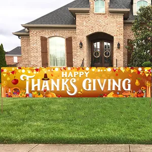 Outdoor Thanksgiving garden banner with Happy Thanksgiving text and festive turkey graphics