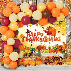 Thanksgiving balloon arch kit with Happy Thanksgiving backdrop and autumn maple leaf decor
