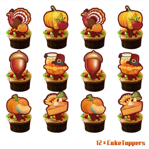 Set of 12 Thanksgiving cake toppers with turkey and pumpkin designs on cupcakes