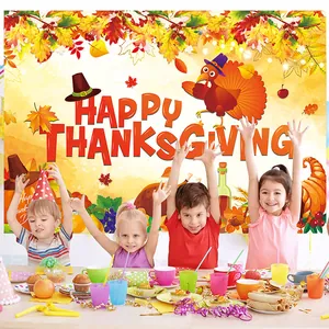 Happy Thanksgiving backdrop featuring cartoon turkey and maple leaves for party decor