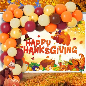 Happy Thanksgiving party set with turkey backdrop and autumn-colored balloon arch kit