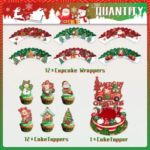 Detailed set of Christmas cupcake toppers and wrappers with Santa and reindeer designs
