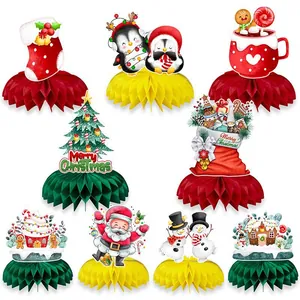 8er-Set Weihnachts-Waben-Tischdeko mit Weihnachtsmann, Baum und Pinguin-Motiven