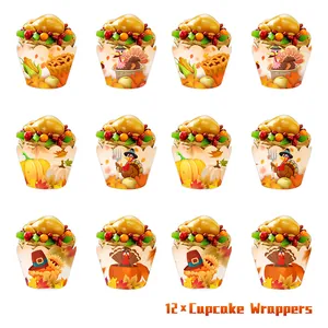 Set of 12 Thanksgiving cupcake wrappers with festive turkey pumpkin and maple leaf patterns