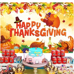 Thanksgiving party backdrop set with turkey pumpkin maples and cartoon character party decor