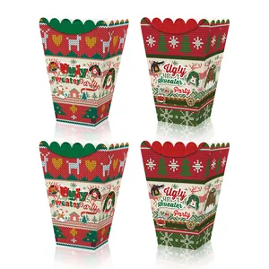 Cajas de Papel para Palomitas de Fiesta de Suéter Feo de Navidad Patrón de Reno Copos de Nieve Cajas de Dulces Desechables para Decoración