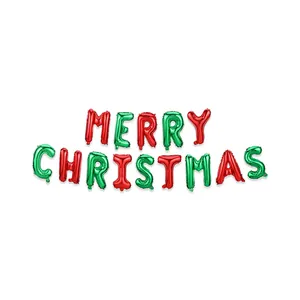 Red and green metallic Merry Christmas foil balloon set for holiday party wall decoration