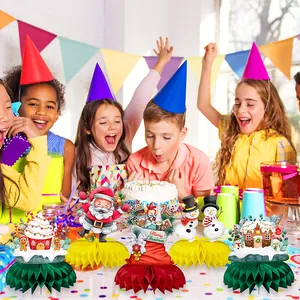 Weihnachts-Waben-Tischdeko Set mit Weihnachtsmann und Schneemann für Party-Deko