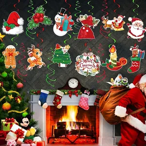 Christmas hanging swirl decorations with Santa and reindeer for festive party background