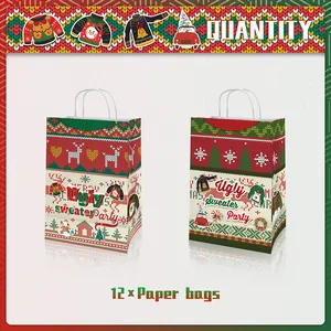 Set of 12 Christmas ugly sweater party paper gift bags with handles and festive deer patterns
