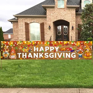 Outdoor Happy Thanksgiving banner with gnomes and autumn elements on wood background