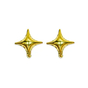 Two golden foil four-pointed star balloons with metallic finish for party decoration