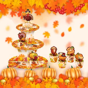 3-tier Thanksgiving cardboard cupcake stand with turkey and pumpkin decorative toppers