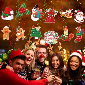 Christmas hanging swirl decorations with Santa Claus and Reindeer paper cutouts
