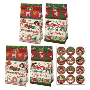 Christmas Ugly Sweater Party Gift Bags Kraft Paper Folding Bags With Stickers Santa Snowman Design Holiday Party Favor