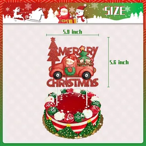 Red glitter Merry Christmas cake topper with Santa truck and size dimensions 5.9x5.6 inch