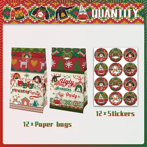 Christmas ugly sweater party paper gift bags and stickers set with festive designs