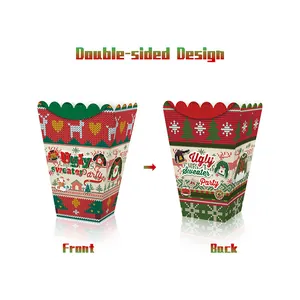 Cajas de palomitas de Navidad Ugly Sweater Party con patrones festivos y diseño de doble cara